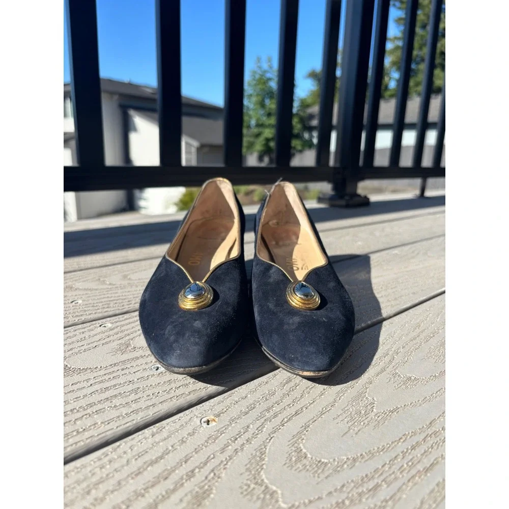 Salvatore Ferragamo Navy Suede Low Heel Pumps with Gold Accent